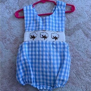 18M Blue Gingham Baby Romper with Cotton Embroidery